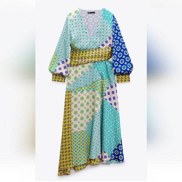 ZARA PATCHWORK PRINT MIDI DRESS - Picture 1 of 4